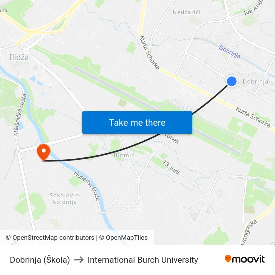Dobrinja (Škola) to International Burch University map