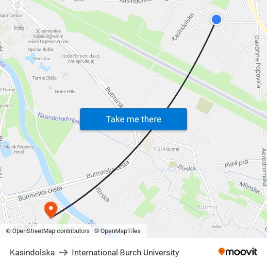 Kasindolska to International Burch University map