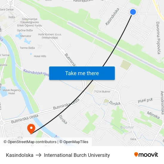 Kasindolska to International Burch University map