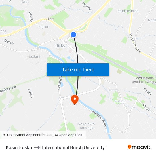 Kasindolska to International Burch University map