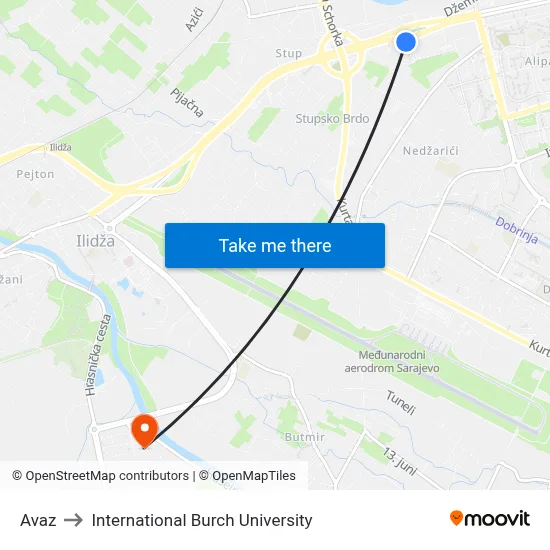 Avaz to International Burch University map
