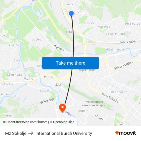 Mz Sokolje to International Burch University map