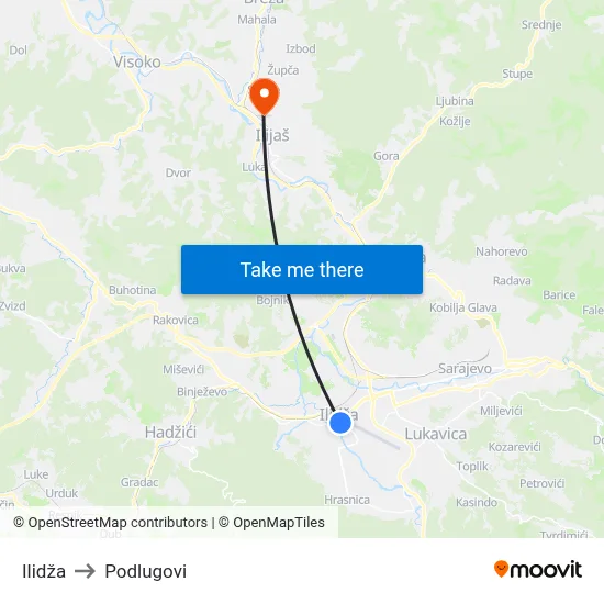 Ilidža to Podlugovi map
