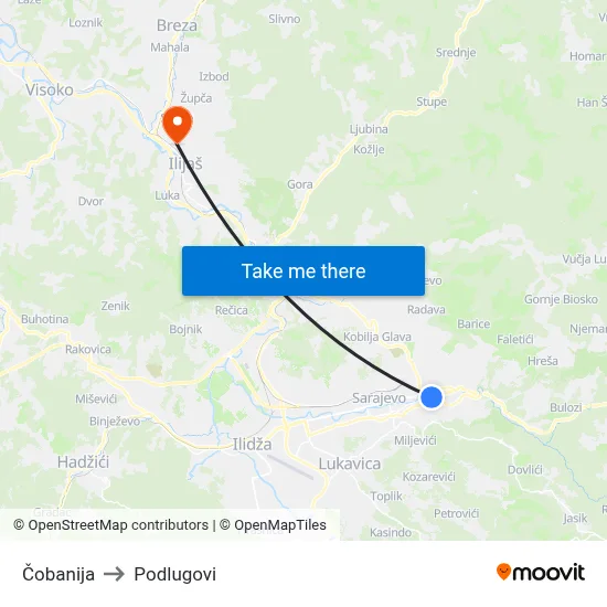 Čobanija to Podlugovi map