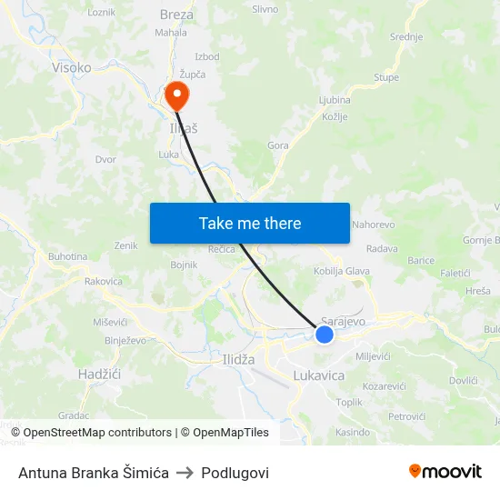 Antuna Branka Šimića to Podlugovi map