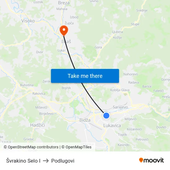 Švrakino Selo I to Podlugovi map