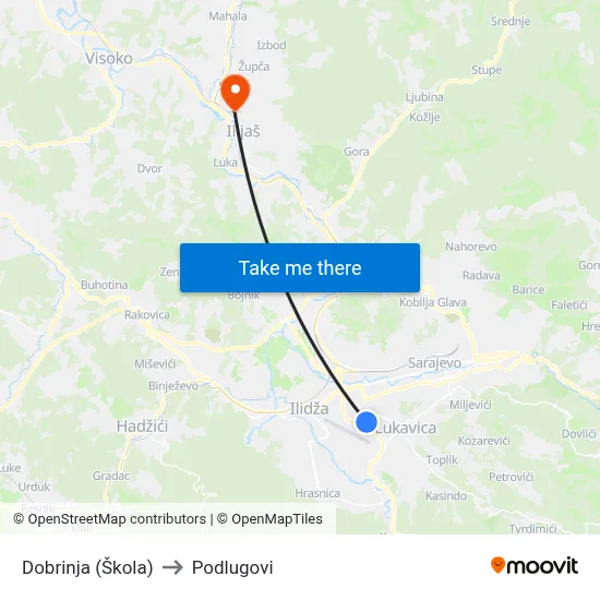 Dobrinja (Škola) to Podlugovi map
