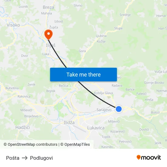 Pošta to Podlugovi map