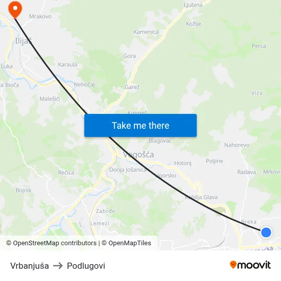 Vrbanjuša to Podlugovi map