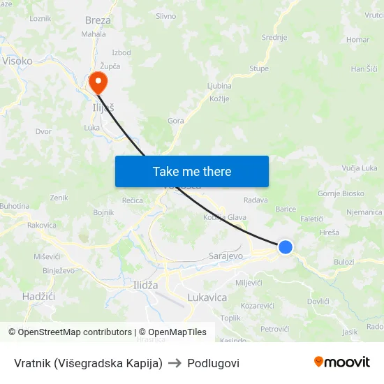 Vratnik (Višegradska Kapija) to Podlugovi map