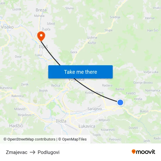 Zmajevac to Podlugovi map