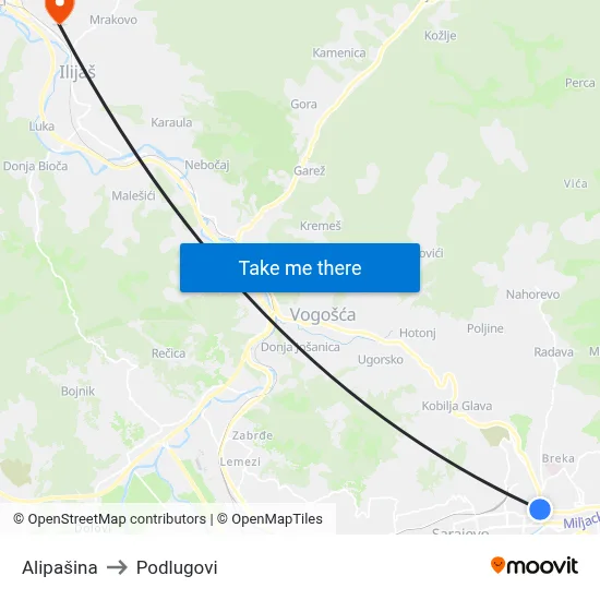 Alipašina to Podlugovi map