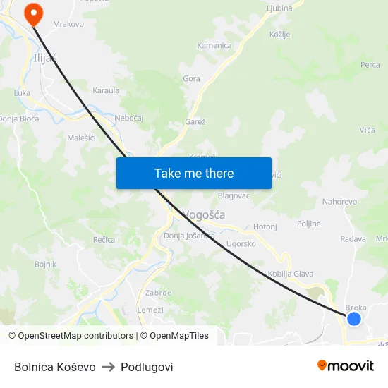 Bolnica Koševo to Podlugovi map