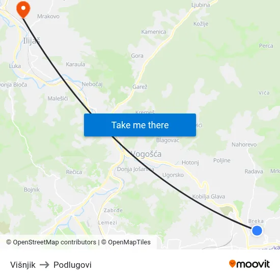 Višnjik to Podlugovi map