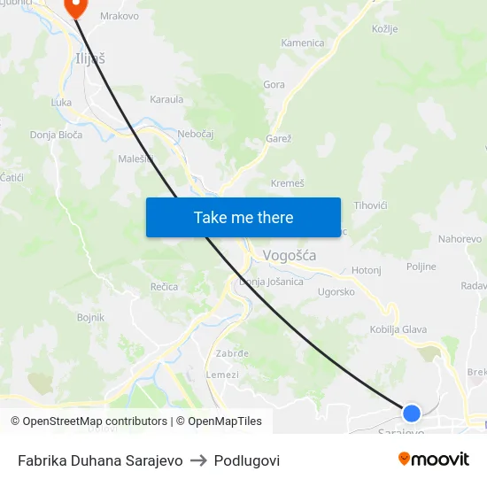 Fabrika Duhana Sarajevo to Podlugovi map