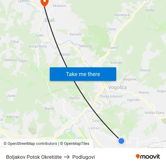 Boljakov Potok Okretište to Podlugovi map