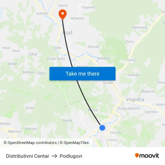 Distributivni Centar to Podlugovi map