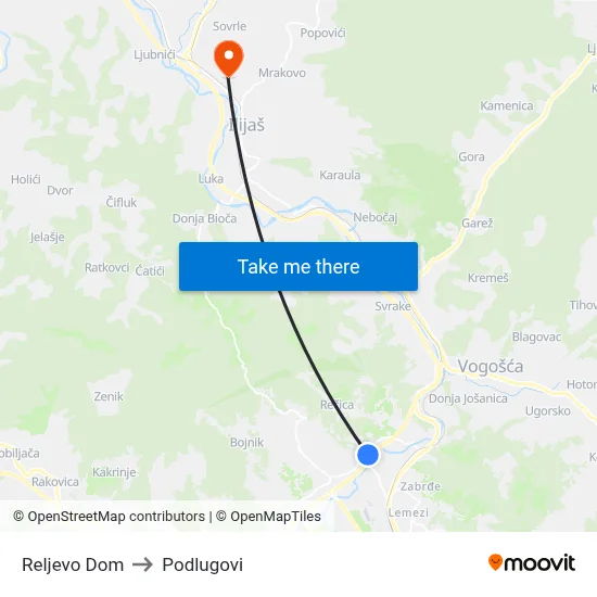 Reljevo Dom to Podlugovi map