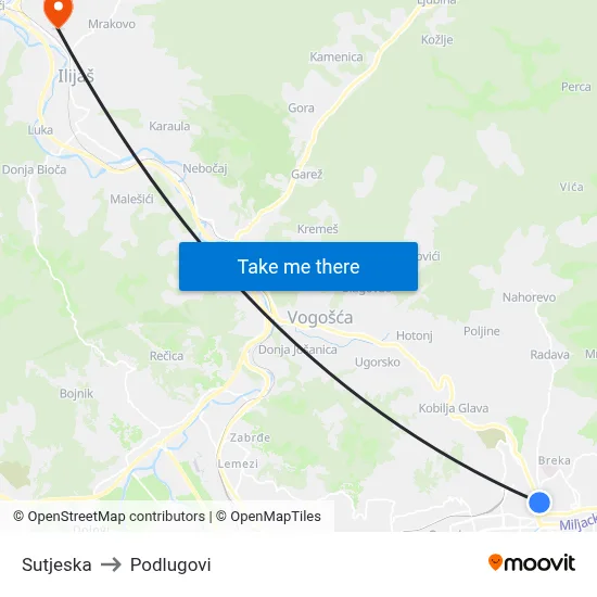 Sutjeska to Podlugovi map