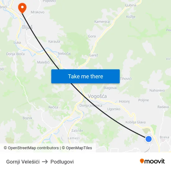 Gornji Velešići to Podlugovi map