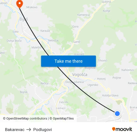Bakarevac to Podlugovi map