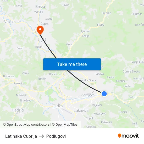 Latinska Ćuprija to Podlugovi map