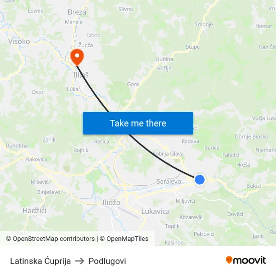 Latinska Ćuprija to Podlugovi map