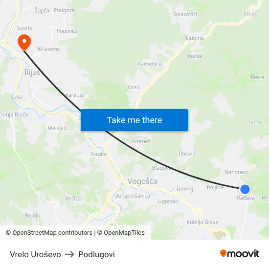 Vrelo Uroševo to Podlugovi map
