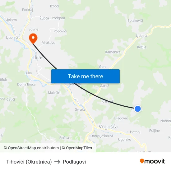Tihovići (Okretnica) to Podlugovi map