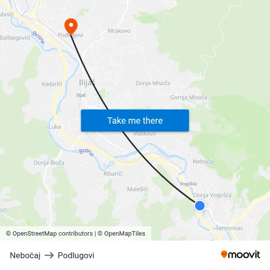 Nebočaj to Podlugovi map