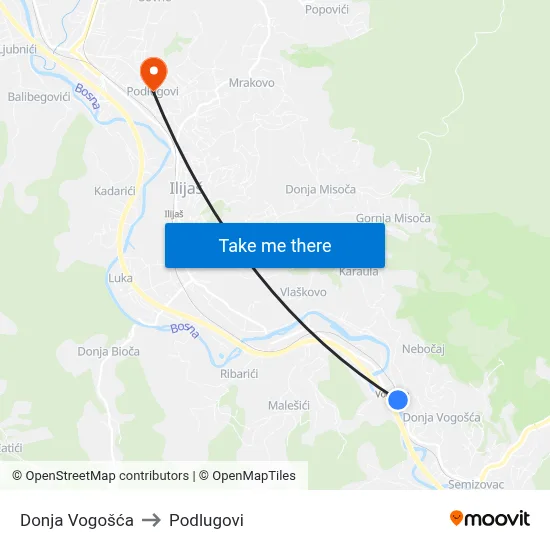 Donja Vogošća to Podlugovi map