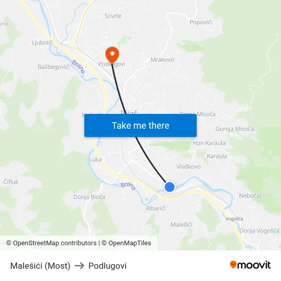 Malešići (Most) to Podlugovi map