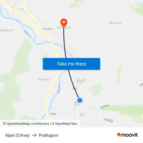 Ilijaš (Crkva) to Podlugovi map