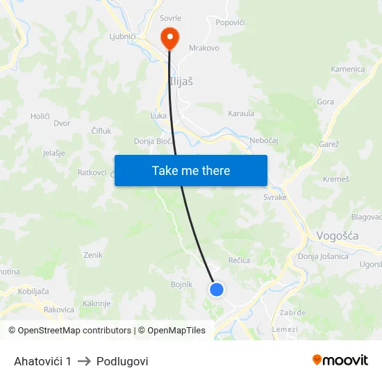 Ahatovići 1 to Podlugovi map