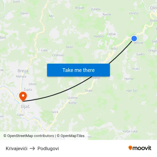 Krivajevići to Podlugovi map