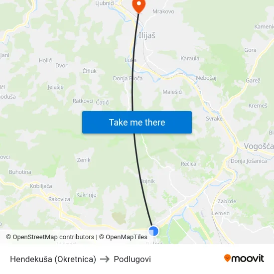 Hendekuša (Okretnica) to Podlugovi map