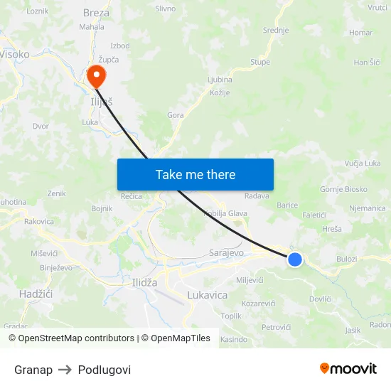 Granap to Podlugovi map