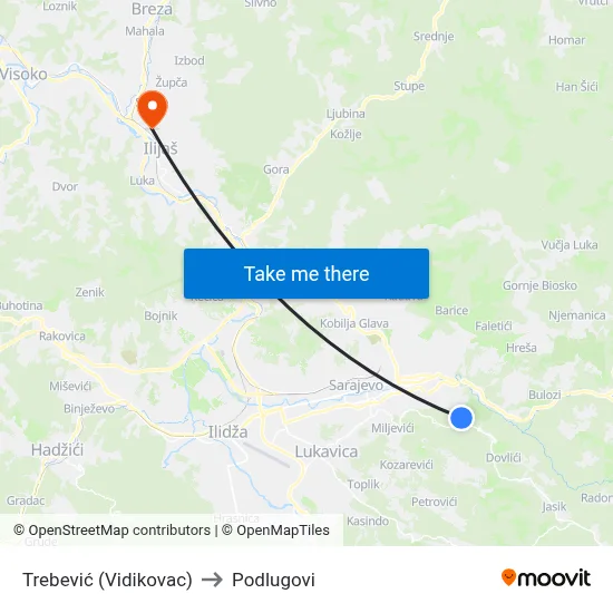 Trebević (Vidikovac) to Podlugovi map