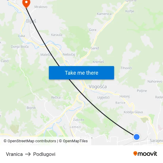 Vranica to Podlugovi map