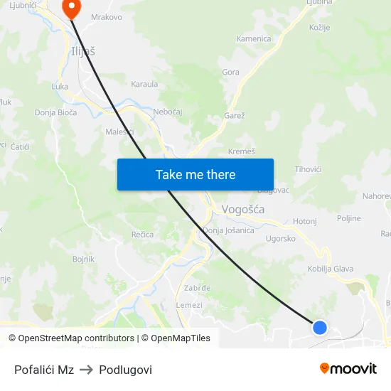 Pofalići Mz to Podlugovi map