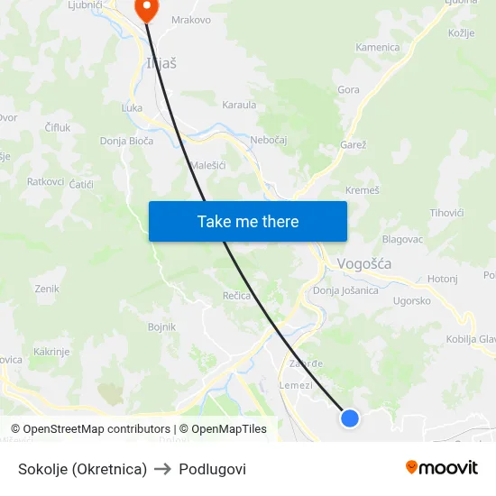 Sokolje (Okretnica) to Podlugovi map
