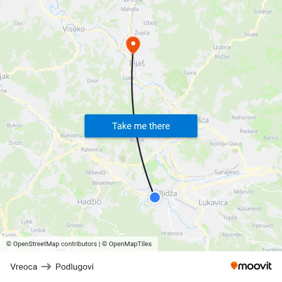 Vreoca to Podlugovi map