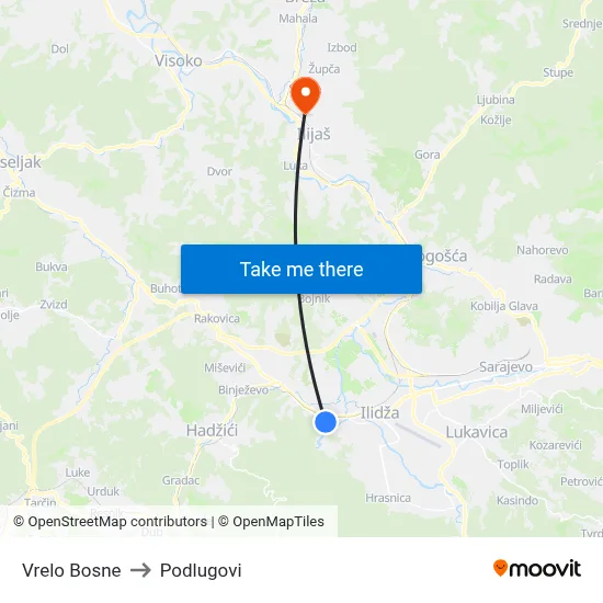 Vrelo Bosne to Podlugovi map