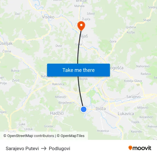 Sarajevo Putevi to Podlugovi map
