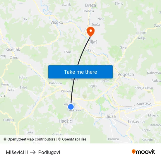 Miševići II to Podlugovi map