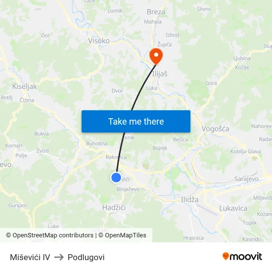 Miševići IV to Podlugovi map