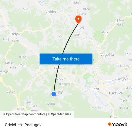 Grivići to Podlugovi map