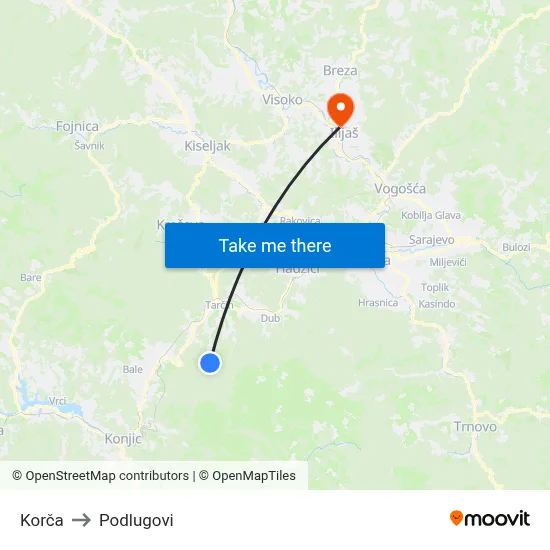 Korča to Podlugovi map