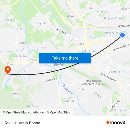 Rtv to Vrelo Bosne map