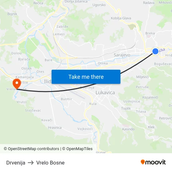Drvenija to Vrelo Bosne map